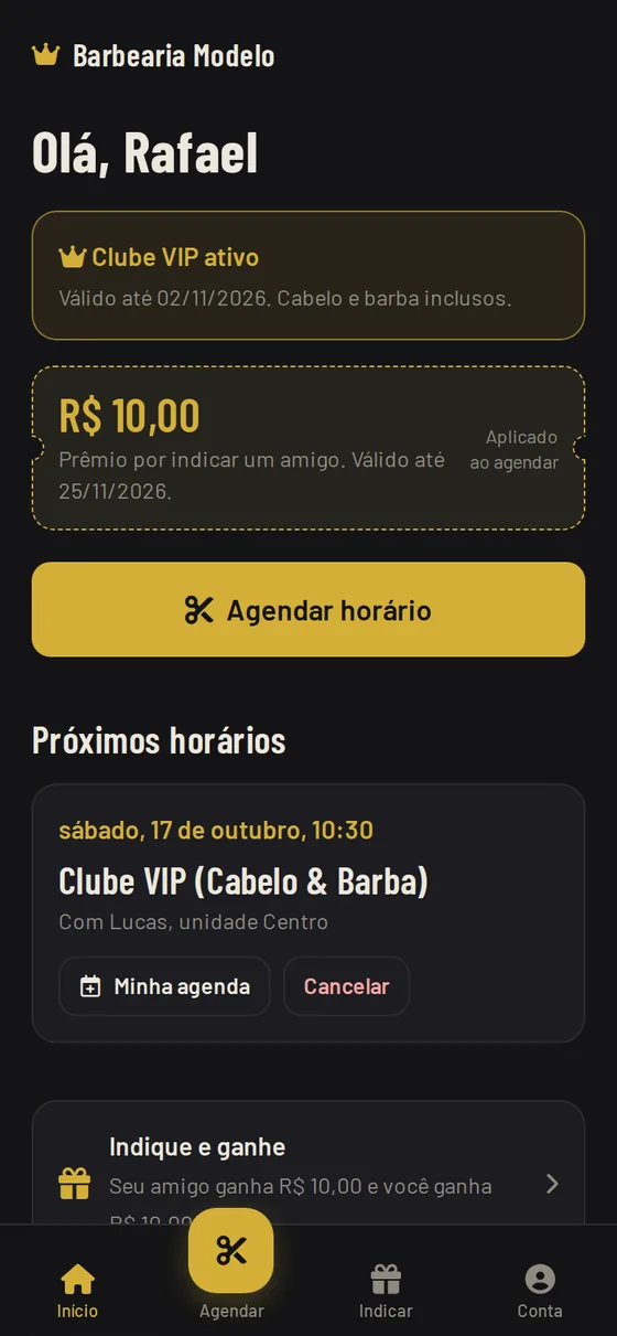 Tela inicial do cliente: Clube VIP ativo, desconto guardado, botão de agendar e próximo horário marcado