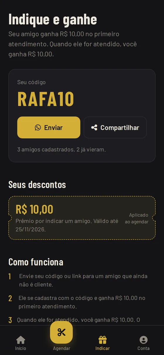Tela Indique e ganhe com código do cliente, botões de enviar pelo WhatsApp e descontos