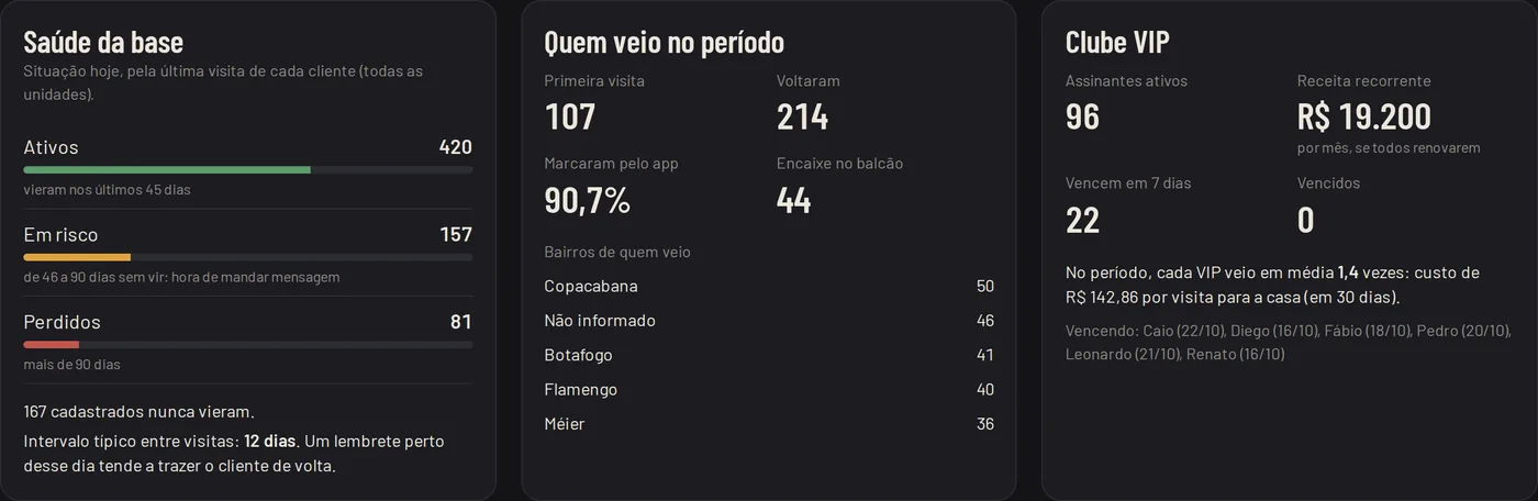 Saúde da base com clientes ativos, em risco e perdidos; quem veio no período; clube VIP